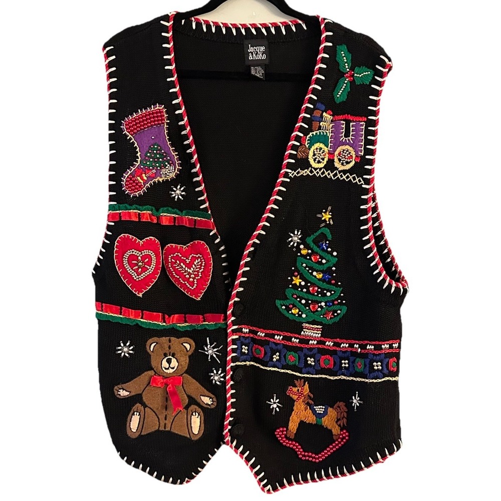Vtg Jacque & Koko Holiday Sweater‎ Vest Sz 14/16 Beads Christmas Tree Teddy Bear